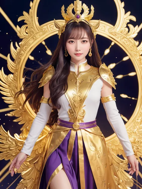 miss saori（athena）the image is full of majesty and holiness。she has long smooth purple hair，the helmet she wears is characterize...