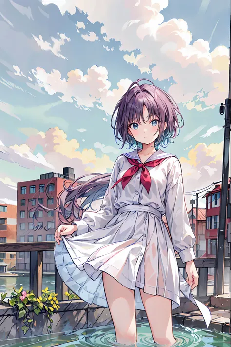 (masterpiece,up to date,exceptional:1.2), anime,One girl,茶hair，Shortcuts，ボサボサのhair，short編みhair，Neat，Slender beauty，A dignified posture，Small chest，Beautiful feet，Her captivating grey-blue eyes shine like stars，Vibrant colors,Beautiful Eyes,A delicate smile...