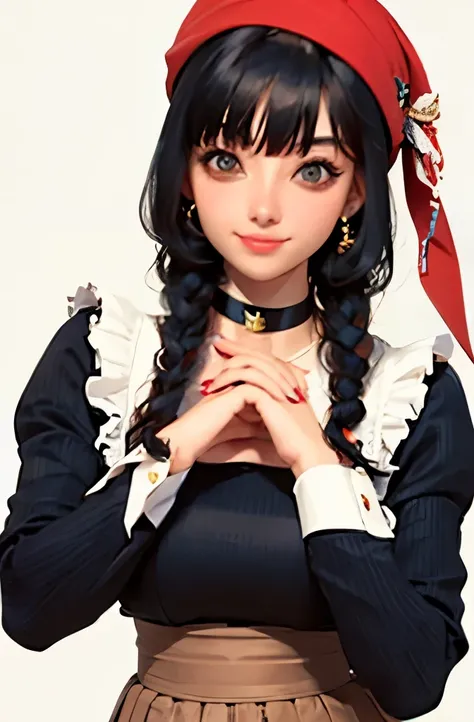 mayuzumi fuyuko, 1girl, solo, black hair, hat, jewelry, long hair, looking at viewer, bangs, earrings, skirt, white background, smile, shirt, simple background, heart earrings, long sleeves, heart, black headwear, black shirt, frilled choker, breasts, brow...