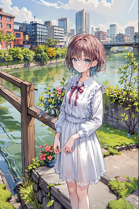 (masterpiece,up to date,exceptional:1.2), anime,One girl,((From above:1.2)),Brown Hair，Shortcuts，Messy Hair，Short braided hair，Neat，Slender beauty，A dignified posture，Small chest，Beautiful feet，Her captivating grey-blue eyes shine like stars，Vibrant colors...