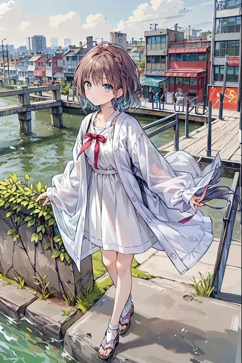 (masterpiece,up to date,exceptional:1.2), anime,One girl,((From above:1.2)),Brown Hair，Shortcuts，Messy Hair，Short braided hair，Neat，Slender beauty，A dignified posture，Small chest，Beautiful feet，Her captivating grey-blue eyes shine like stars，Vibrant colors...