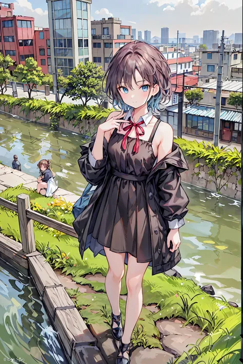 (masterpiece,up to date,exceptional:1.2), anime,One girl,Black camisole，((From above:1.2)),Brown Hair，Shortcuts，Messy Hair，Short braided hair，Neat，Slender beauty，A dignified posture，Small chest，Beautiful feet，Her captivating grey-blue eyes shine like stars...