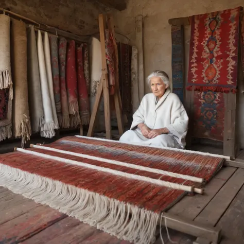 High-resolution hyperrealistic photographic image of an elderly woman weaver of handmade knotted carpets , with her loom and her colored wool. She is sitting and wearing a white robe.. The lighting is studio-like and the shot is general in a large workshop...