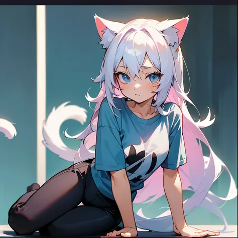 a portrait of a young woman, straddling on man laps, anime girl, cat girl, cat ears cat tail, wearing only t-shirt, petite body, cute face, white hair, asian, long haired