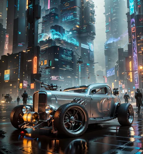 there is a silver armed hot rod car that is parked in the street, futuristic dieselpunk street, cyberpunk car, hyper detailed 3 d render, hyper detailed 3d render, 3d render digital art, rolands zilvinskis 3d render art, 3 d artistic render, depicted as a ...