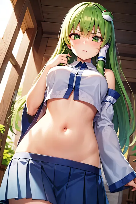 super fine illustration, vibrant colors, masterpiece, sharp focus, best quality, depth of field, cinematic lighting, ultra detailed, blush, navel, shrine maiden, kochiya sanae, looking down, very long hair, green hair, green eyes, hair tubes, frog hair orn...