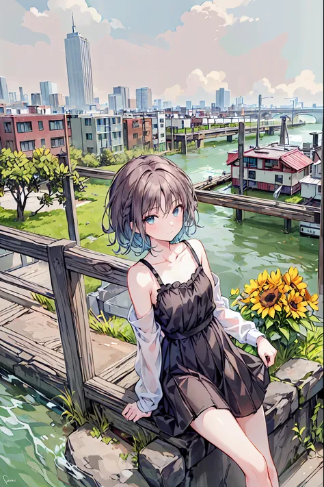 (masterpiece,up to date,exceptional:1.2), anime,One girl,Black camisole，((From above:1.2)),Brown Hair，Shortcuts，Messy Hair，Short braided hair，Neat，Slender beauty，A dignified posture，Small chest，Beautiful feet，Her captivating grey-blue eyes shine like stars...