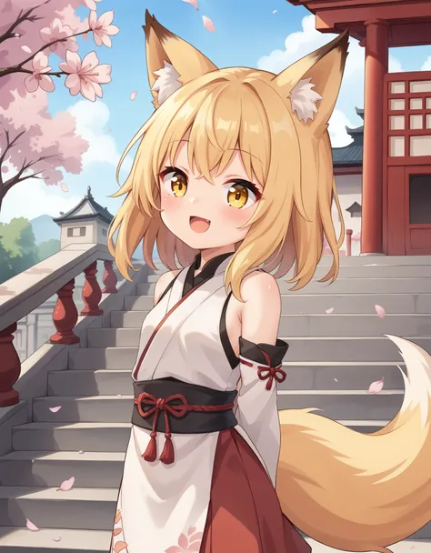 1girl, (loli:1.2), yellow eyes, medium hair, stairs, cherry blossoms, temple, fox girl, detached sleeves, animal ears, happy, arms behind back