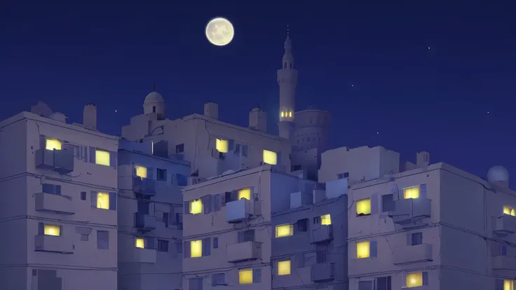 the night scene of a city with a clock tower and satellite dishes, Night city in the background, Night city in the background, Holy City | clarification, منظر المدينة في the night, Anime style city view, Random background scene, خلفية المدينة في the night,...