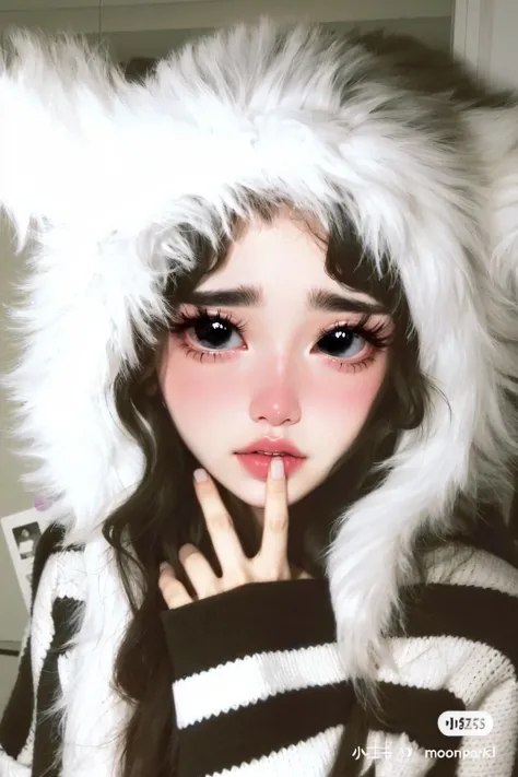 beautiful and detailed skin., detailed body, beautiful and detailed hair, kawaii woman wearing a furry hat and a black and white striped sweater, putting a finger over his mouth, pale skin, super detailed hands, super kawaii way, super detailed clothing, s...