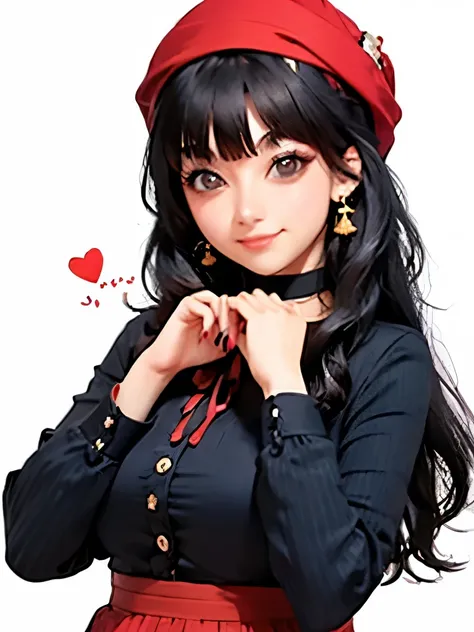 mayuzumi fuyuko, 1girl, solo, black hair, hat, jewelry, long hair, looking at viewer, bangs, earrings, skirt, white background, smile, shirt, simple background, heart earrings, long sleeves, heart, black headwear, black shirt, frilled choker, breasts, brow...