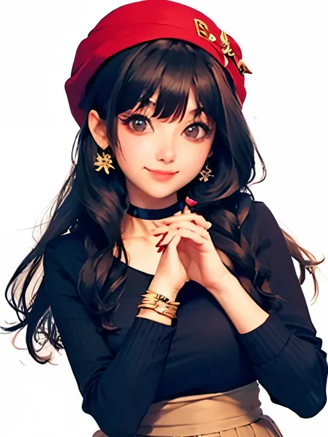 mayuzumi fuyuko, 1girl, solo, black hair, hat, jewelry, long hair, looking at viewer, bangs, earrings, skirt, white background, smile, shirt, simple background, heart earrings, long sleeves, heart, black headwear, black shirt, frilled choker, breasts, brow...