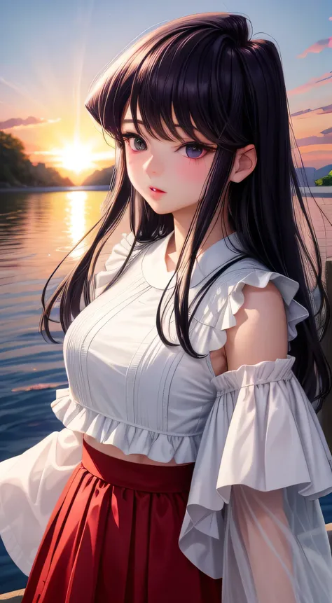 top-quality、Live Action、8k、komi shouko、lifelike、1 girl、Purple eyes、radiant eyes、croptop、skirt by the、Parted lips、red blush、natta、florals、suns、sunlights、Top image quality、8k、