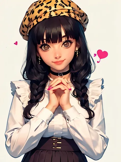 mayuzumi fuyuko, 1girl, solo, black hair, hat, jewelry, long hair, looking at viewer, bangs, earrings, skirt, white background, smile, shirt, simple background, heart earrings, long sleeves, heart, black headwear, black shirt, frilled choker, breasts, brow...