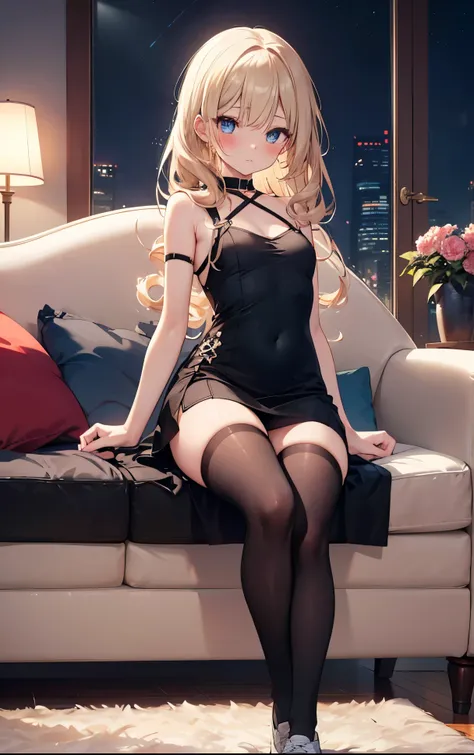 1girl, 4k, masterpiece, best quality, ultra-detailed, beautiful detailed, cinematic lighting, HDR lighting, long curly brown hair, sitting on a couch in a living room at night, blushing, shy, nighttime, beautiful very young slavic girl, short black tight d...