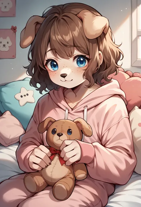 dog furry , femboy, blue eyes, brown hair, medium hair, wavy hair, bangs, freckles, wearing pink onesie, holding a teddy bear, room with pink walls, cute bed and cute plushies