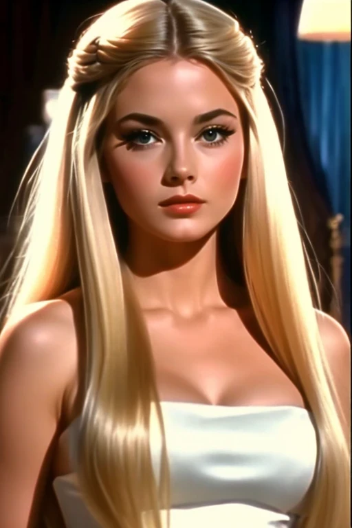 1970 movie, film still, screencap, elegant girl wearing black, long blonde hair