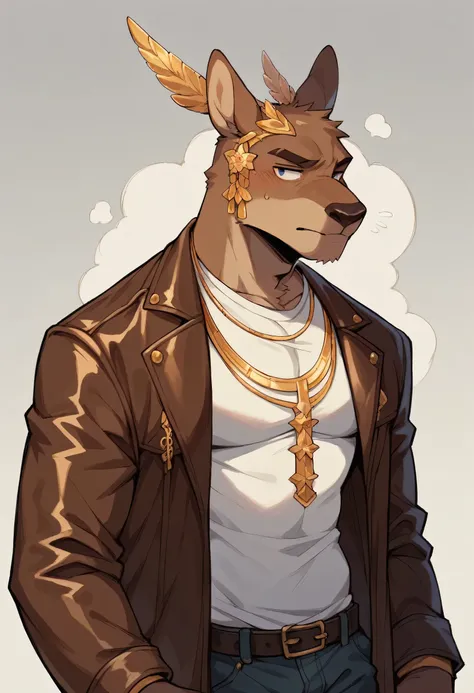 Bisont Brown anthropomorfic, male, brown leather jacket, gold accessories, somewhat annoying 