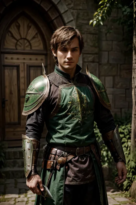 young man, chestnut short hair, green happy eyes, medieval brown warrior outfit with shield and sword in hands, dark fantasy character design, epic exquisite character art, Dark Fantasy Art, full view, Amazing character drawing.