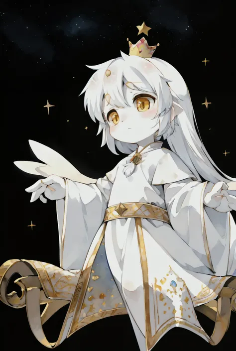 	• Small • White hair • Golden eyes • Crown • Floating • Fairy-like wings • White robe • Star pattern • Simple accessories • Round face • Cute expression Watercolor、masterpiece, Anatomically correct, High detail, Character profile, Soft Light, 