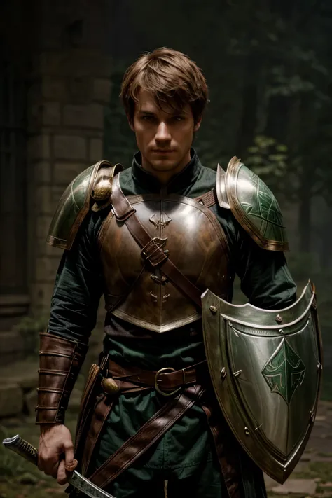 young man, chestnut short hair, green happy eyes, medieval brown warrior outfit with shield and sword in hands, dark fantasy character design, epic exquisite character art, Dark Fantasy Art, full view, Amazing character drawing. in the right hand a sword, ...