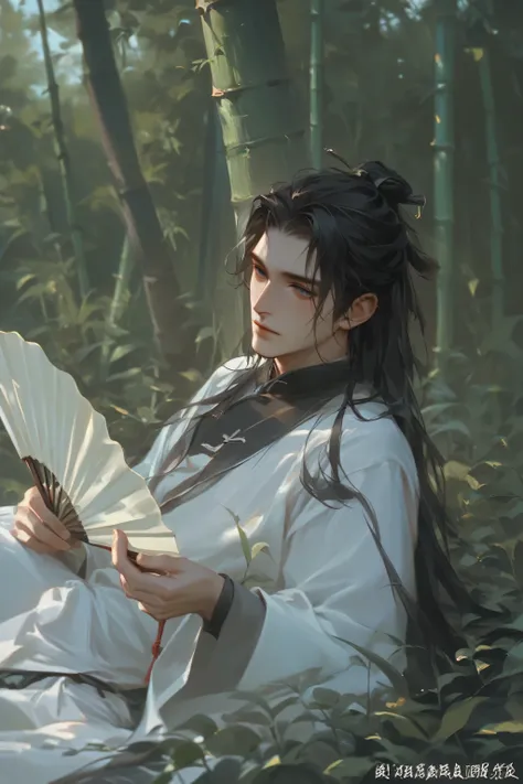 man, ancient chinese man, black long hair, black eyes, wear a white hanfu, holding a folding fan, scholar, sick, frail, in the b...