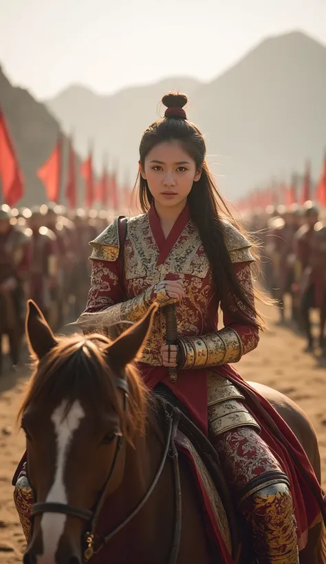 mulan in full battle armor, leading an army into battle. mulan is at the forefront, holding a sword in one hand and the reins of...