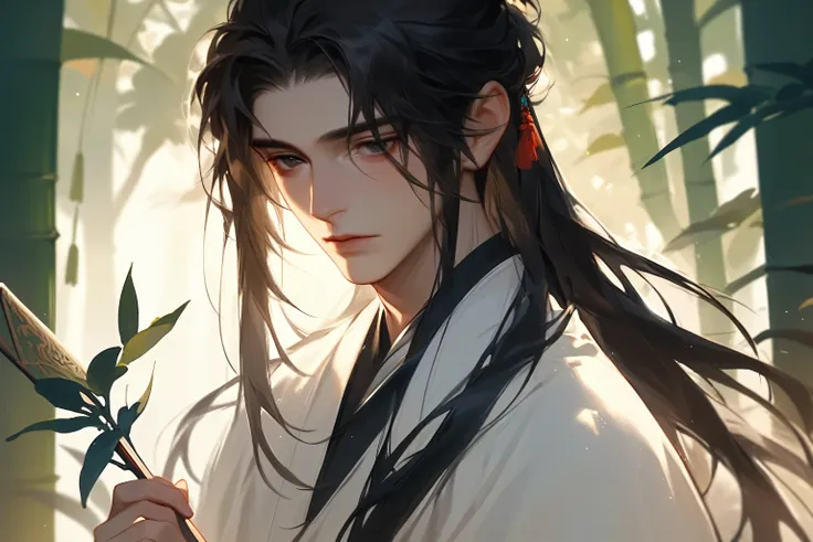 man, ancient chinese man, black long hair, black eyes, wear a white hanfu, holding a folding fan, scholar, sick, frail, in the b...