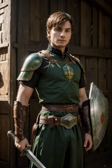 young man, chestnut short hair, green happy eyes, medieval brown warrior outfit with shield and sword in hands, dark fantasy character design, epic exquisite character art, Dark Fantasy Art, full view, Amazing character drawing. in the right hand is a swor...