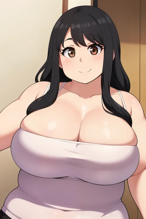 chubby 2 big boobs black hair brown eyes happy long messy hair smile blushing deredere