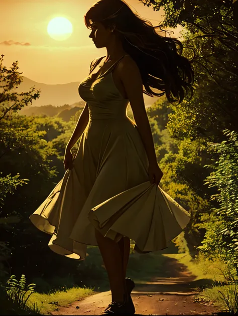 A young woman walks through a serene evening forest, her long, flowing hair gently swaying with the breeze. Shes on a journey to meet her beloved, every step filled with determination and longing. The soft rustle of leaves accompanies her as the setting su...