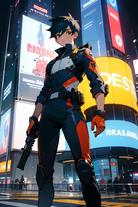 A boy with a hightech costume and have A gun in his hand cartoon character in front of times square 
