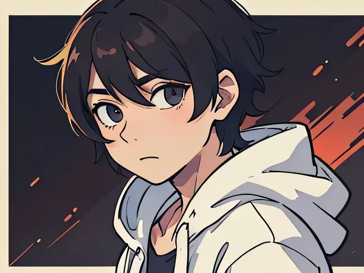 perfect anime illustration, murder themed portrait of a boy having short messy hairs, wearing a hoodie posing for a picture