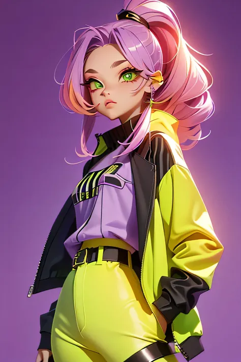 Blind Box, yellow Background, gender: female, age: 25, hair: purple and pink gradient, eyes: green, pose: side standing, face: bored, clothes: futuristic dark purple stripes black jumping with stripes jacket, mesmerizing detailed green eyes, face expressio...