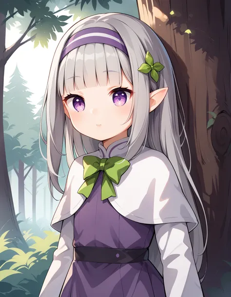 1girl, forest, peeking out upper body, behind tree, purple eyes, hairband, long hair, grey hair, pointy ears, blunt bangs, white...