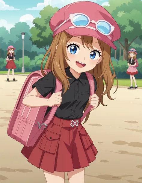 serena2, 1girl, long hair, brown hair, blue eyes, looking at viewer, smile, open mouth, pink hat, pink backpack, black shirt, sl...