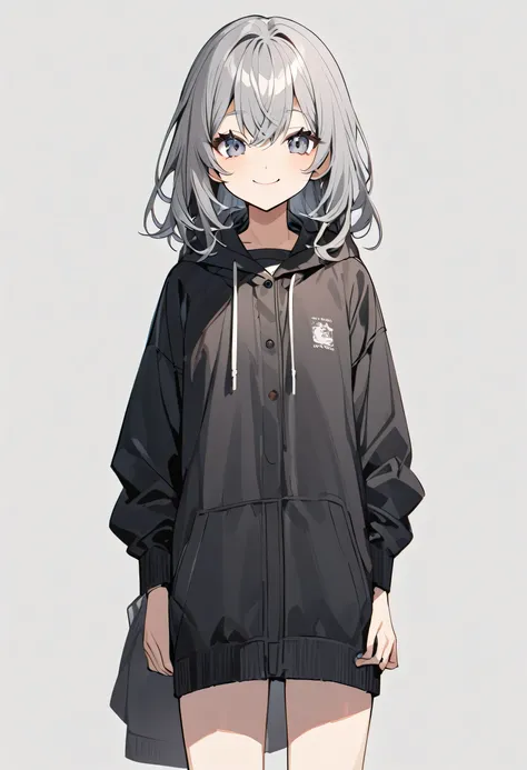 A woman、Teenage Girl、whole body、Blank Background、White background、smile、Gray Hair、woman&#39;Wolf Cut、Deep purple eyes、Eye Enhancement、,,black slouch beanie,,(wears round glasses with thin metal frames),There are many piercings、,Large white tracksuit,、Black...