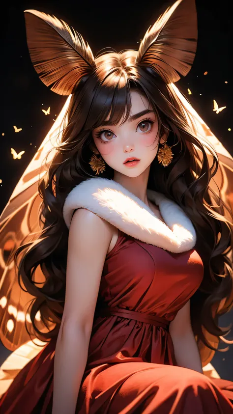 ((Masterpiece)), envision a 8k, highres, cinematic, extremely beautiful semi realistic full body pinup of a beautiful mature lady with a strong face, slender body, mothgirlcpt, ((moth antennae)), ((moth wings)) ,mean face, ((long messy brown hair)), blush,...