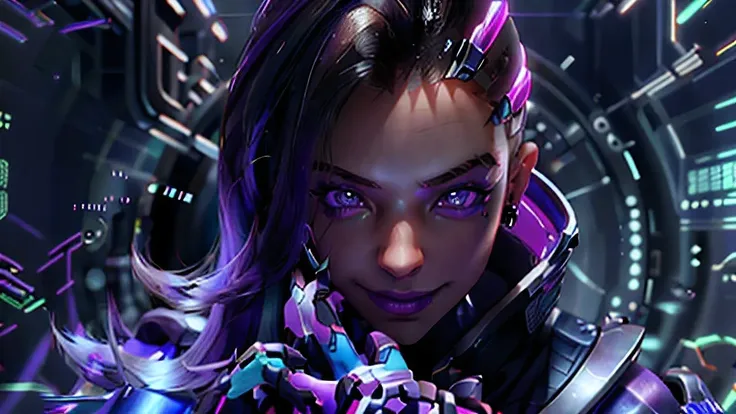 sombra from overwatch, hacking pose, purple eyes, seductive face, mischievous smile, photorealistic, hyperrealistic, shinny skki...