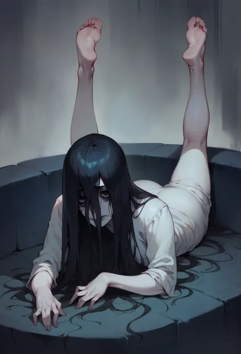 (masterpiece, The best quality:1.2),sadako,lying with legs open,legs up,again