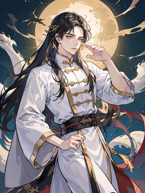 Masterpiece, Best Quality, Night, Full Moon, One Mature Man, Ancient China, Chinese Palace, White Queue Hairstyle, BlackEyes, Split Hair, Long Hair, Handsome, Chinese, Masculine, Serious, Gentle, Tall, Calm, White Clothing, Gold Pattern, Dragon Pattern, Pr...