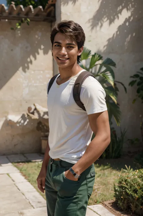 "Imagen hiperrealistic de un joven estudiante 18 años, of Colombian origin, with South American features, light brown skin, Short hair, He wears a light t-shirt and long pants., backpack on the back. The young man has an energetic look and smiles as he wal...