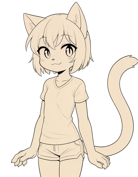 lineart, monochrome, white background, domestic cat, anthro, clothing best quality