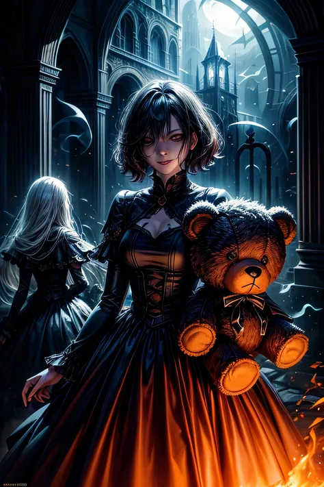 There is a cute girl standing in the middle of nightly graveyard with a wicked smile, her eyes darker than black she hold teddybear doll in her hands, there is beatiful female ghost with blood on her hands behind the girl, (ultra high quality fantasy art, ...