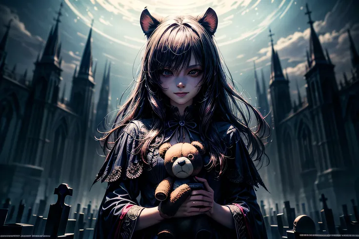 There is a cute girl standing in the middle of nightly graveyard with a wicked smile, her eyes darker than black she hold teddybear doll in her hands, there is beatiful female ghost with blood on her hands behind the girl, (ultra high quality fantasy art, ...