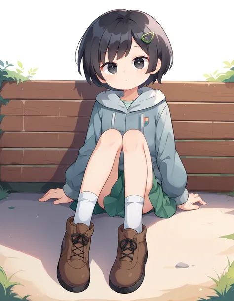 score_9, score_8_up, score_7_up, source_anime, 1girl, solo, mwk, expressionless, knees together feet apart, short hair,shirt, skirt, black hair, long sleeves, hair ornament, sitting, jacket, full body, pleated skirt, shoes, socks, hood, black eyes, hoodie,...