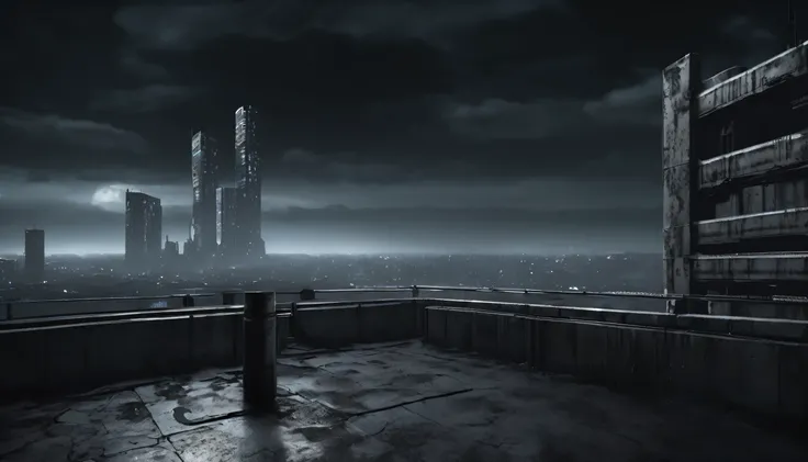 Noir cyberpunk landscape, concrete walls, dark sky, highly detailed