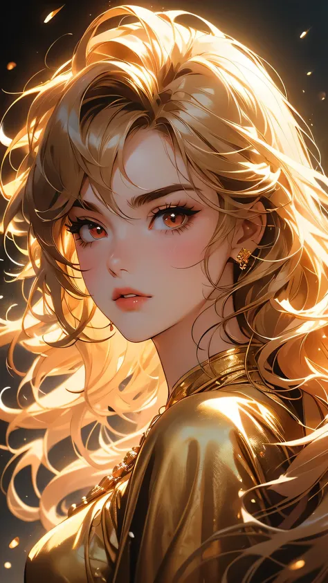 ((Masterpiece)), envision a 8k, highres, cinematic, extremely beautiful semi realistic close up portrait of a beautiful mature lady with a strong face, slender body, mean face, ((long messy Golden hair)), blush, golden fur dress, golden wings, flustered, s...