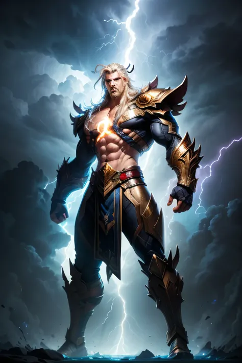 a game character like a god of thunder surrounded by lots of lightnings, stacked lightnings, dark night, storm enviroment, game art, medium shot