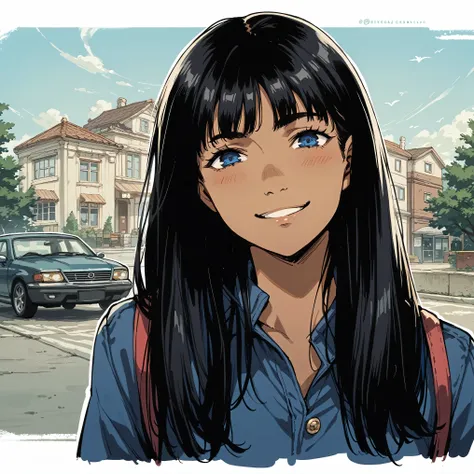 1 young woman with long black hair with bangs, she has dark blue eyes, dark skin, a preppy, rich look,pretentious smiling 